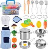 AMOYEE Cuisine, accessoires, jouet de cuisine pour enfants, ensemble de casseroles en acier inoxydable, tablier et toque pour légumes, jeu de rôle, filles et garçons