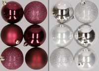Merkloos / Sans marque Billiet - Vanlaere 12x stuks kunststof kerstballen mix van aubergine en zilver 8 cm