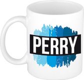 Bellatio Decorations Perry naam cadeau koffie mok - beker - met blauw verfstrepen - Cadeau collega - vaderdag - verjaardag - meester - coach - 300 ml - wit