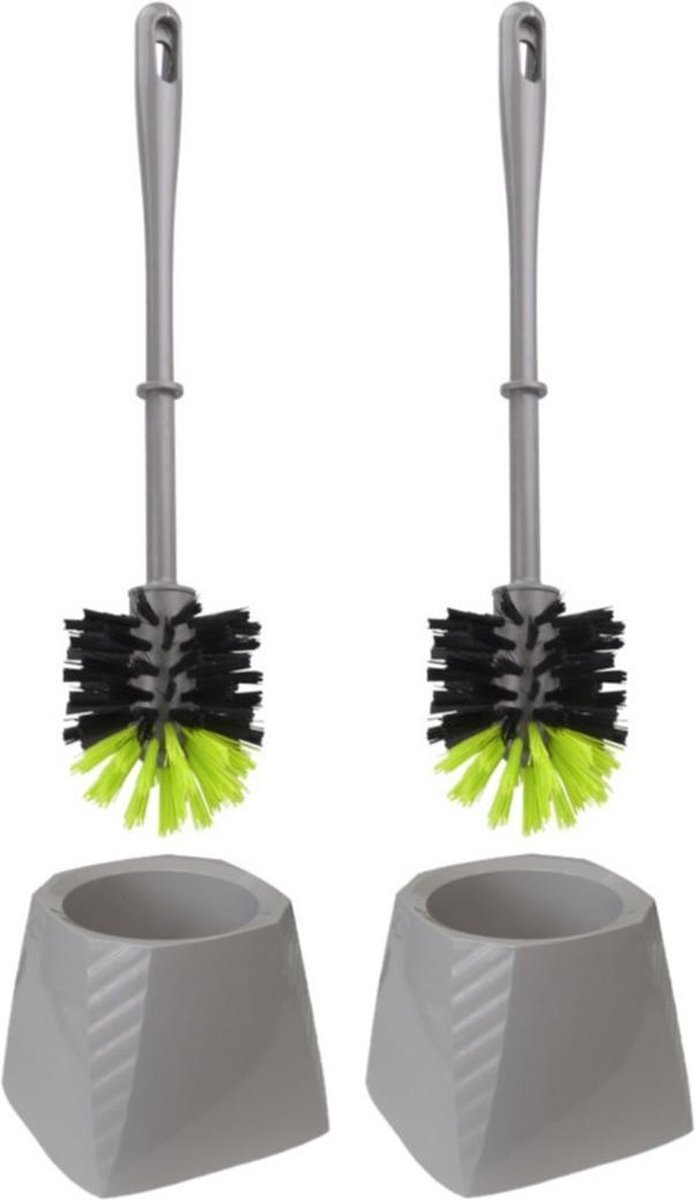 Brumag Set van 2x stuks kunststof wc-borstels/toiletborstels met houders grijs/groen 37.5 cm - Toiletgarnituur