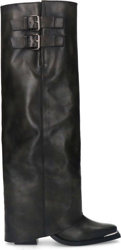 Sacha - Dames - Zwarte hoge leren buckle laarzen met flap - Maat 40
