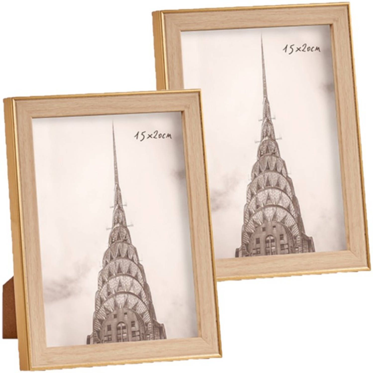 Arte r 2x stuks kunststof fotolijst goud met hout geschikt voor een foto van 15 x 20 cm