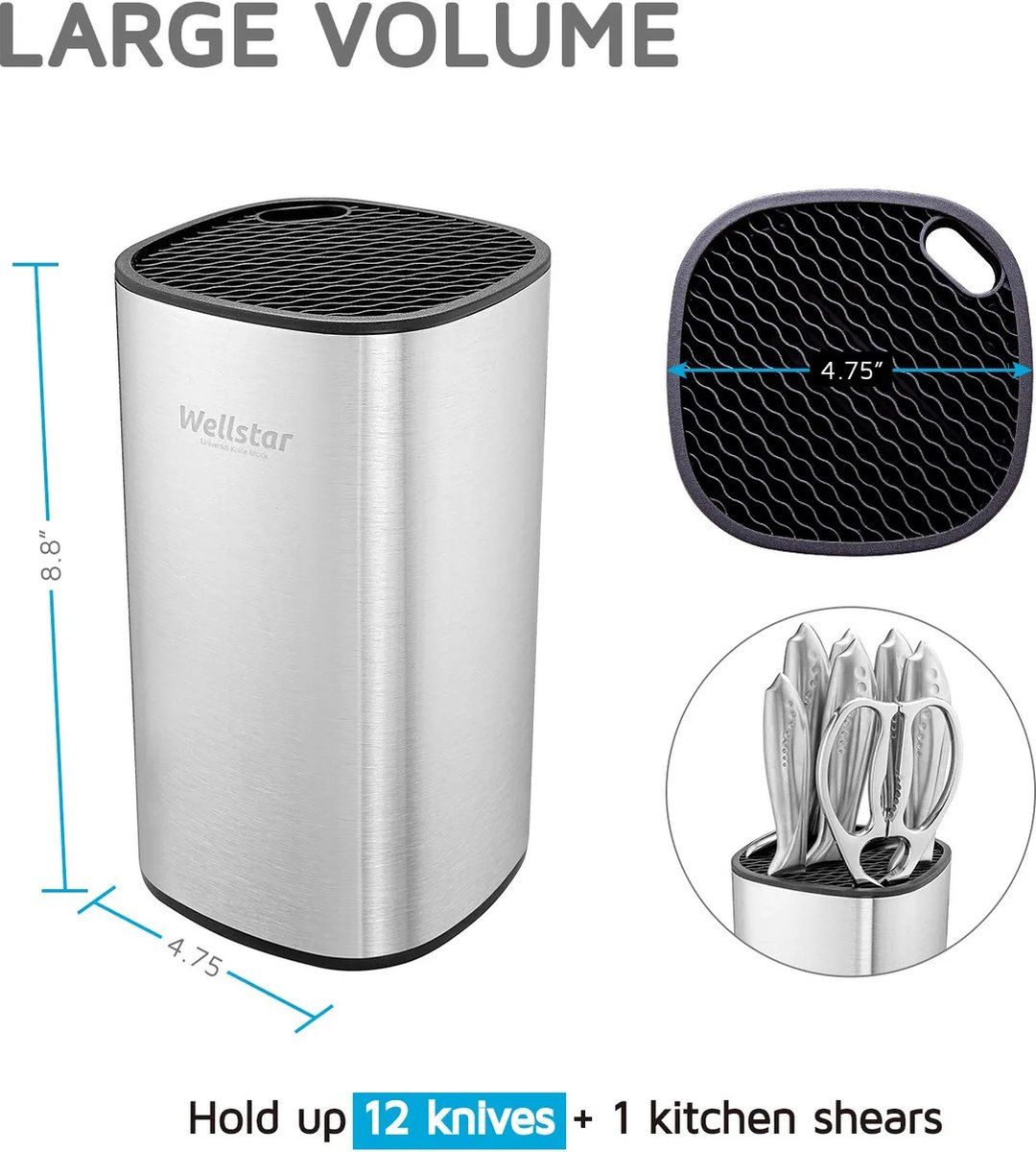 WELLSTAR Universeel messenblok zonder mes, messenhouder ongevuld, messenblok roestvrij staal, zilver