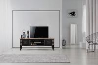 Hanah Home Unité TV élégante noire, 150 cm de large, 100% MDF avec dessus et pieds en corne d'élan, 10 mm d'épaisseur, parfait pour les salons modernes et les espaces de divertissement