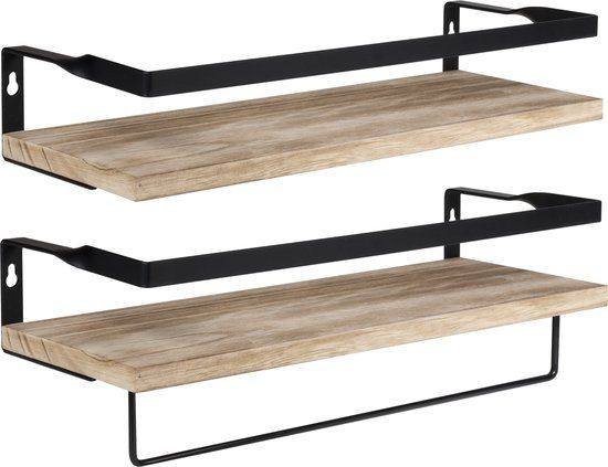 QUVIO Wandplank Set van 2 - Industrieel Wandrek - Decoratieve Muurplank van Hout en Metaal - Wanddecoratie voor Woonkamer, Keuken of Hal - 14 x 40 x 21 cm - Zwart en Bruin