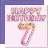 7e Stuff4 7e verjaardagskaart voor meisjes - roze & paarse glitterballonnen - gelukkige verjaardagskaarten voor 7-jarig meisje dochter zus kleindochter neef, 145 mm x 145 mm zevende verjaardag wenskaarten cadeau