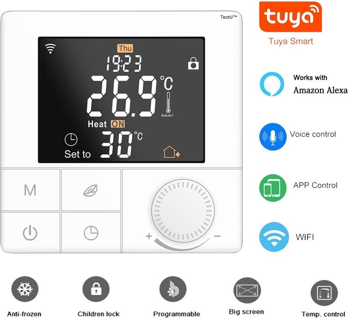 TechU™ Smart Thermostaat Life – Wit – Alleen voor Water/Gas Boiler – App, Wifi & Amazon Alexa – Energiebesparend – Kinderslot