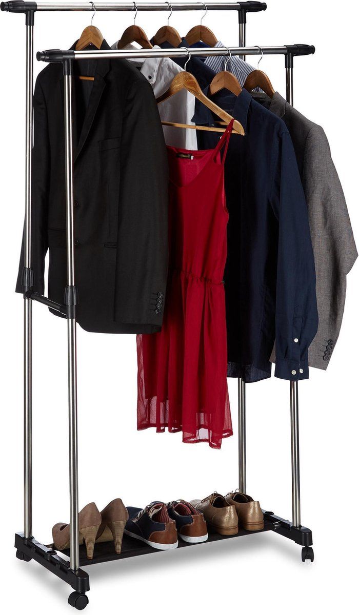 Relaxdays Kledingrek - Met 2 Kledingroedes - Verrijdbaar - Uitschuifbaar - Zwart/Zilver
