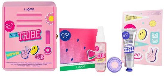 I LOVE Vibe Tribe Giftset – Body Mist 40 ml, Handcrème 30 ml, Lip Balm, Magneten & Sticky Notes