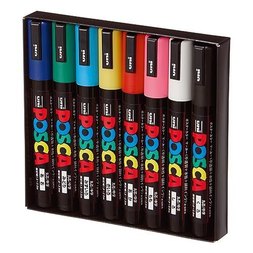 uni-ball POSCA - Mitsubishi Potlood - 8 PC5M Markers - Conische Tip - Klassieke Kleuren - Posca Medium Tip - Watergedragen Verf Markers - Elke Ondersteuning - Voor papier, Textiel, Glas, Kiezel, Hout