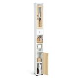 Todeco Hoge Badkamerkast, 180 x 20 x 20 cm smal hoog, Opbergkast met 2 Deuren en 1 Lade, Verstelbare Plank, met Glazen Deur voor Woonkamer, Toilet, Keuken, Hal