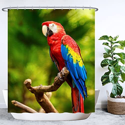 Ulticool Douchegordijn, papegaai vogeldieren, natuur, 180 x 200 cm, wasbaar, schimmelwerend, met 12 ringen, groen