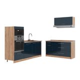 Vicco Keuken "Fame-Line", Donkerblauw hoogglans/Goudkleurig Eiken, 340 cm