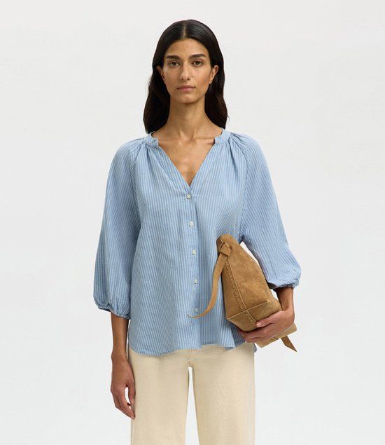 Selected SLW Cleo-Alberta Linen Blend Dusty Blue/Bright White Blouse V-Neck 3/4 Sleeve Women's Size 38
