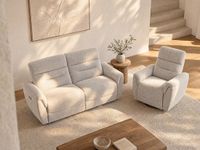 Vente-unique Driezitsbank en elektrische relaxfauteuil in lichtgrijs gestructureerde stof - BREVIO