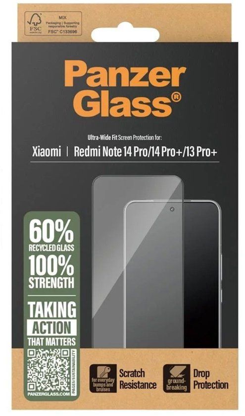 PanzerGlass Ultra-Wide Fit Anti-Bacterial Screenprotector voor de Xiaomi Redmi Note 14 Pro (4G/5G) / 14 Pro Plus / 13 Pro Plus