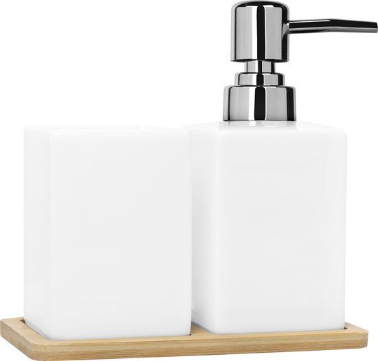 QUVIO Zeepdispenser met tandenborstelbeker + houten onderzetter - Wit
