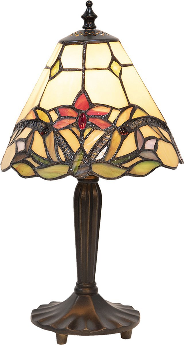 HAES deco - Tiffany Tafellamp Ø 20x36 cm Beige Rood Glas Bloemen Tiffany Bureaulamp Tiffany Lampen Glas in Lood