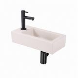 QeramiQ Fuente Fontein - 38x18.5x9cm - keramiek - fonteinkraangat links - fonteinkraan zwart mat - verlaagd sifon - afvoerplug - linnen