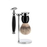 Mühle Set de Afeitar con Maquinilla Clásica, Brocha de Afeitar Punta Plata y Soporte Sophist Negro