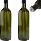 mikken 2 x 750 ml oliefles met schenktuit, groen/bruin, glazen flessen met doseerder en etiketten