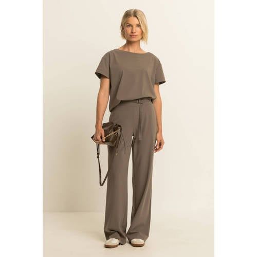 Expresso Expresso travelstof wide leg broek met ceintuur - lichtbruin
