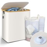 VOUNOT Wasmand met Deksel 145L, Opvouwbare Wasemmer 2 Compartimenten & Verwijderbare Waszakken, Wasmanden Wasbox Smal, Beige