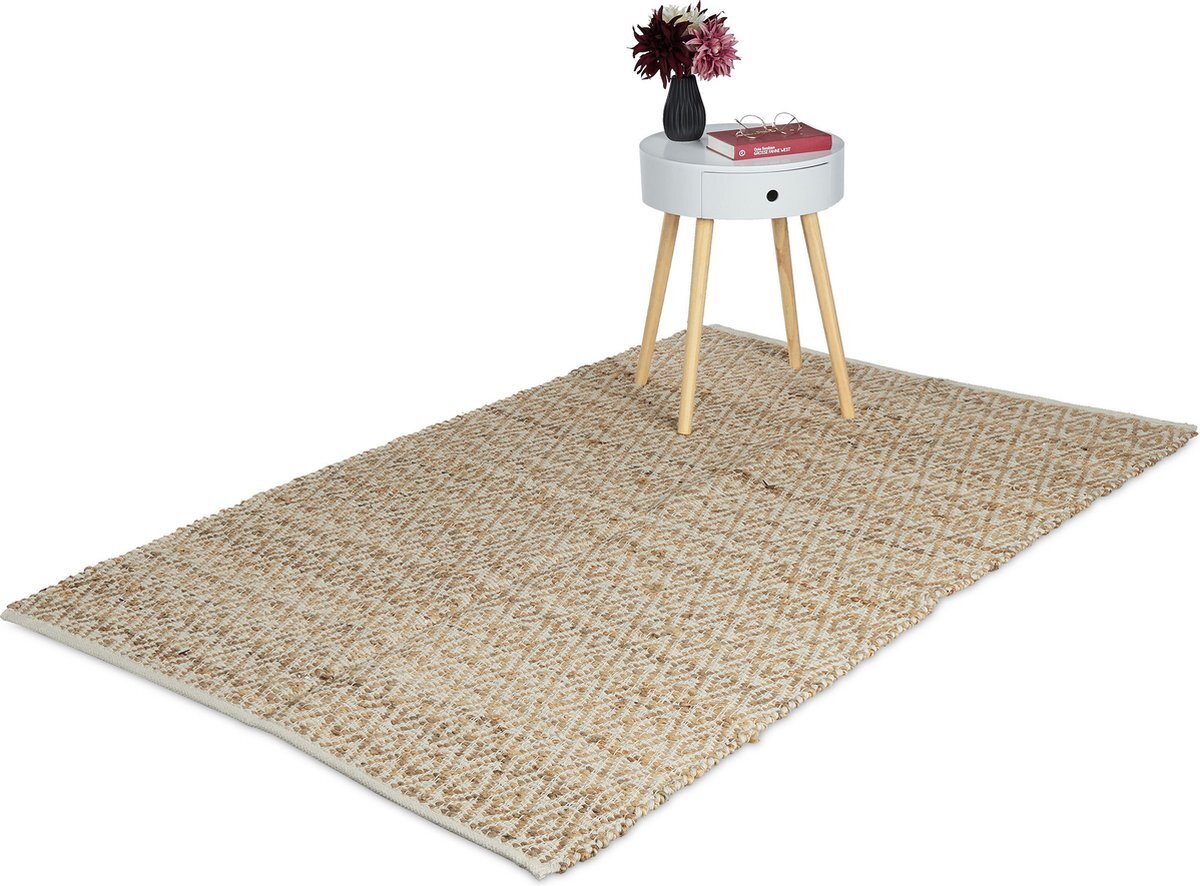 Relaxdays vloerkleed jute en katoen - binnenkleed - ruitjes - karpet - antislip - natuur - 120 x 180 cm