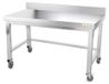 GOLDINOX Plan de travail en acier inoxydable, piètement 1600 x 600 mm, avec dosseret et renfort, sur roulettes, PREMIUM