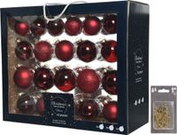 Decoris Kerstversiering Glazen Kerstballen Pakket 5-6-7 cm Donkerrood Mix 42x Stuks met Goudkleurige Haakjes