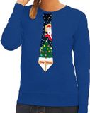 Bellatio Decorations Foute kersttrui - sweater - met stropdas kerst print - blauw - voor dames M