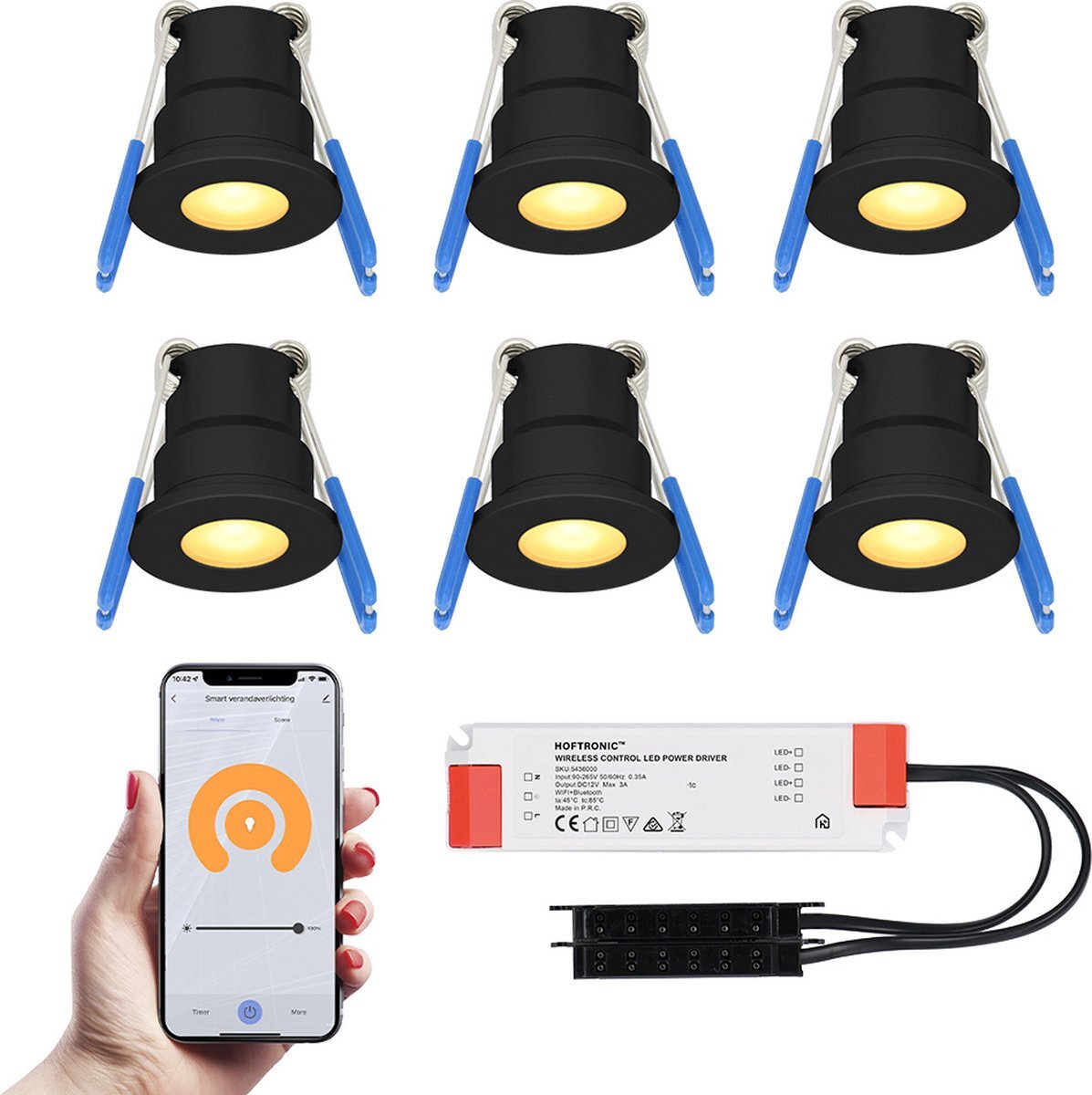 HOFTRONIC SMART 6x Milano zwarte Smart LED Inbouwspots complete set - Wifi & Bluetooth - 12V - 3 Watt - 2700K warm wit - Veranda verlichting - Voor binnen en buiten