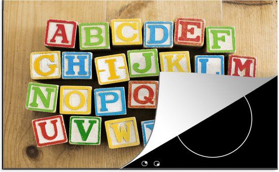 KitchenYeah® Inductie beschermer 77x51 cm - Het alfabet op houten blokken - Multicolor