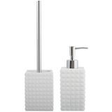 MSV Toiletborstel in houder 37 cm/zeeppompje 270 ml set Kubik - Polyresin/rvs - ivoor wit