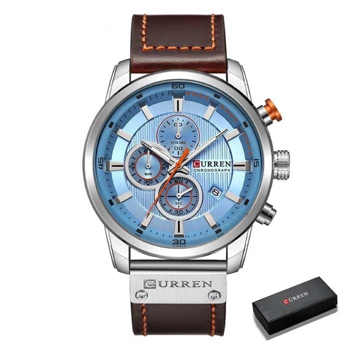 Curren Curren Luxe Horloge voor Heren met Leren Band - Kwarts Sport Chronograaf Polshorloge Zilver Blauw