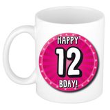 Bellatio Decorations Verjaardag cadeau mok 12 jaar - roze - wiel - 300 ml - keramiek