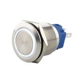 SeKi Roestvrijstalen drukschakelaar, diameter 19 mm, vergrendelend, platte kop, gekleurde verlichte led-ring in wit, soldeeroogjes, platte stekker, 0,5 x 2,8 aansluiting