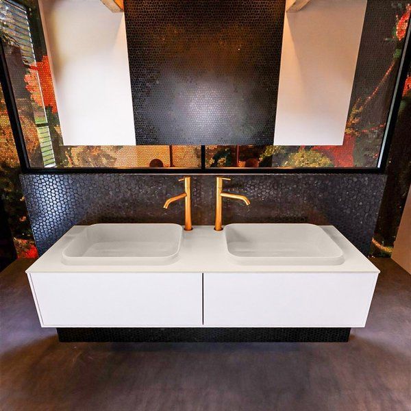 Mondiaz ERIN 150cm badmeubelset onderkast Talc met 2 lades + Wastafel RIDGE dubbel Linen