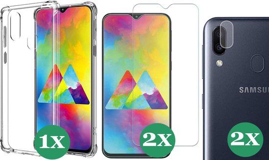 TechNow Hoesje Samsung Galaxy M20 - Transparant Shock Case + 2x Screenprotector Glas & Camera Protector - TechNow