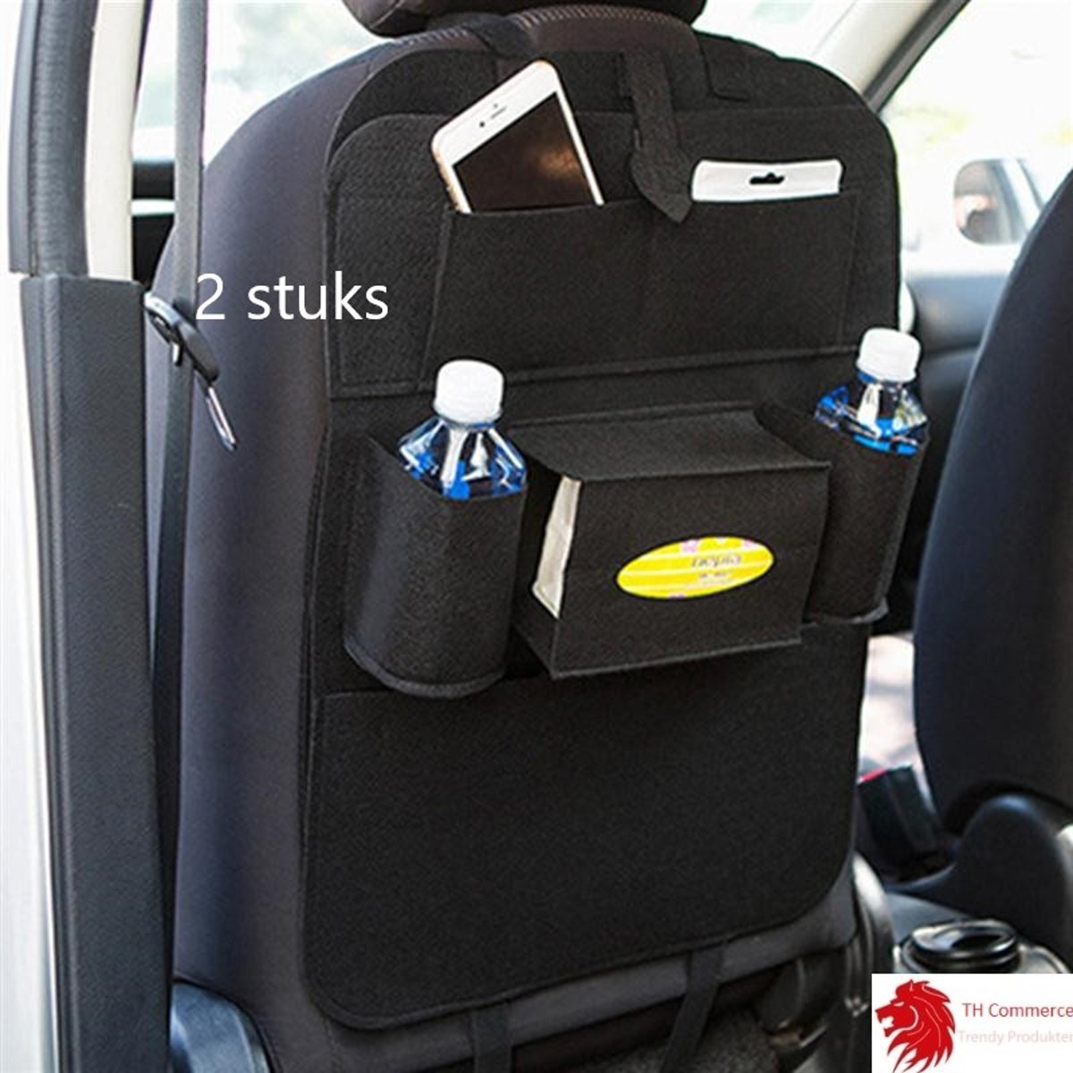 TH Commerce 2 stuks kinderen auto stoel organiser â€“ Autostoel opbergzak â€“ met tablet opbergvak en bekerhouders â€“ Auto accessoire voor passagiers â€“ Vilt â€“ zwart nr865