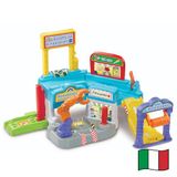 VTech Vroom Vroom Go Reparatiewerkplaats, racebaan met multifunctionele garage, robotarm, inclusief 1 voertuig, 3 magische zones, Italiaanse taal, batterijen inbegrepen, 1-5 jaar