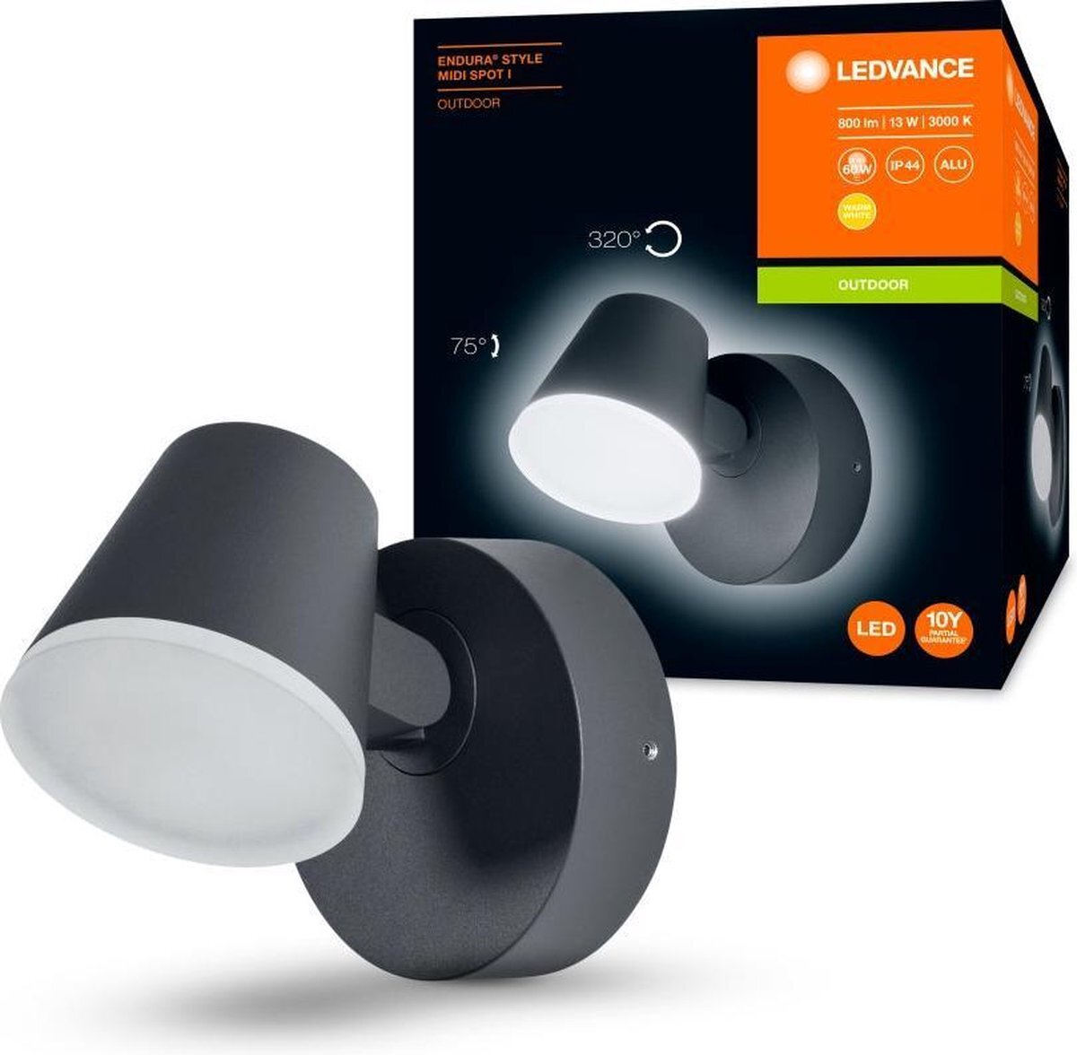 Ledvance Wand- en plafondarmatuur LED: voor muur/plafond, ENDURA STYLE MIDI SPOT / 12,50 W, 220…240 V, stralingshoek: 110, Warm wit, 3000 K, body materiaal: aluminum, IP44