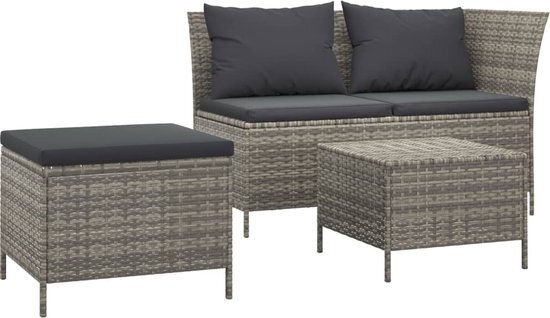 vidaXL 3-delige Loungeset met kussens poly rattan grijs