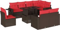 vidaXL 9-delige tuinbankset met kussens, bruin, polyrotan