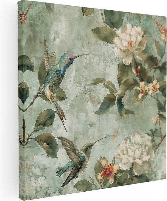 Artaza Canvas Schilderij Kolibries en Bloemen - 30x30 cm - Canvas Print