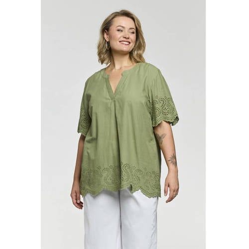 Gozzip katoenen rechtvallend broderie blousetop Plus Size - groen