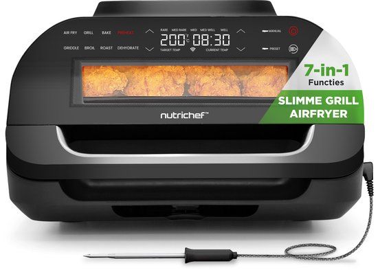 NutriChef Grill – 7 in 1 Slimme Grill & Airfryer - Smokeless Grill Kookfuncties, 6L - Slimme Thermometer - Afneembare Antiaanbak Grilplaten