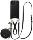 AVY Leren Hoesje geschikt voor Apple iPhone 15 | Met Koord en Mini Telefoontasje | Compatibel met MagSafe | Leather Case met 30CM & 130CM Koord & Pouch | Leather Set | Zwart