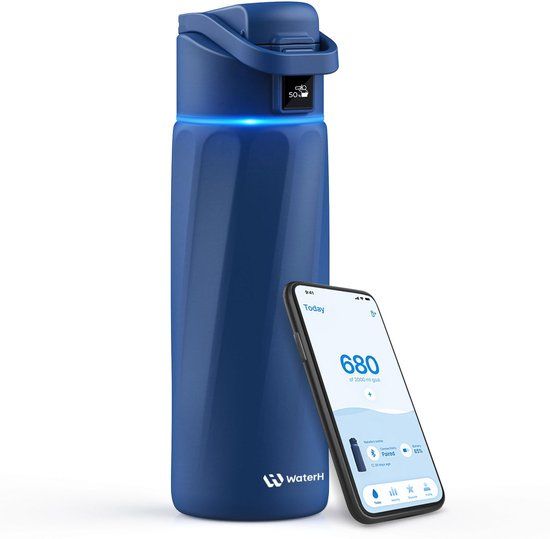 WaterH BOOST - Slimme Waterfles met Herinnering om Water te Drinken & Water Tracker Fles - Dubbelwandige stalen drinkfles - Wijde opening - 710ml - Blauw