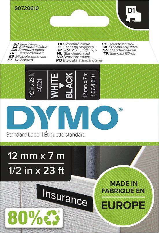 DYMO D1 Standard Labels - White on Black - 12mm x 7m